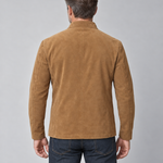 Cropped rear view of a man wearing a brown blazer with a raised collar and long sleeves
