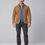 Full-length front view of a man wearing a brown button-front blazer with flap pockets