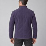 Cropped rear view of a man wearing a violet blazer with a raised collar and long sleeves.