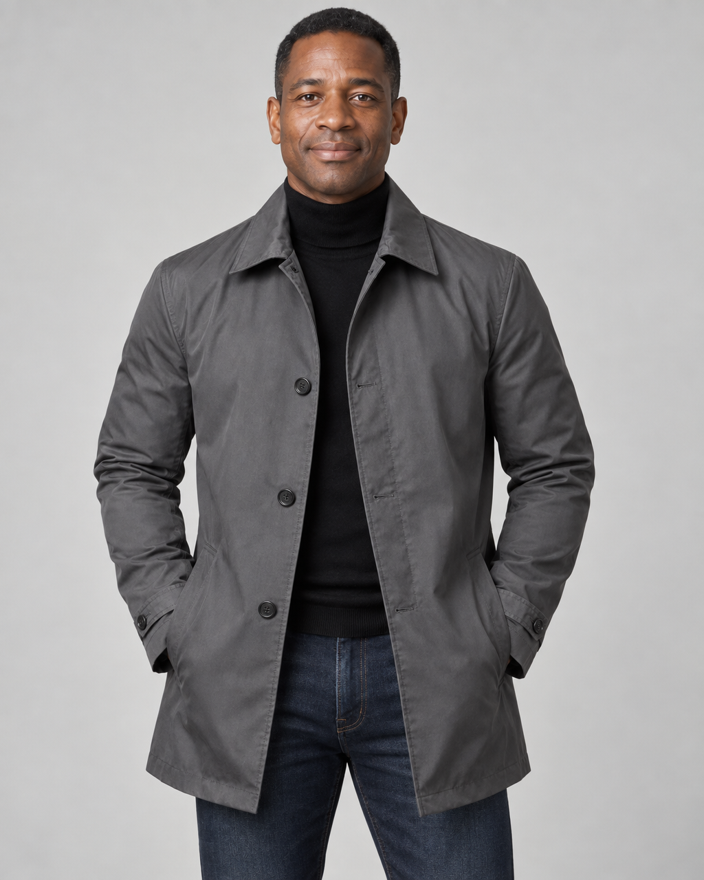 Front cropped view of a man wearing a grey button-front coat with a pointed collar and side pockets