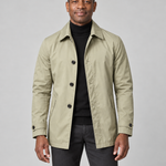 Men's khaki button-front coat with a pointed collar, side pockets and cuff tabs, shown from the front.