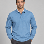 Front cropped view of a man wearing a light blue long-sleeved polo shirt with a buttoned collar