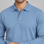 Close-up front view of a light blue long-sleeved polo shirt with a two-button placket and ribbed cuffs.