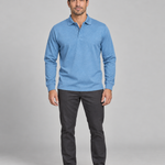 Full-length front view of a man wearing a light blue long-sleeve polo shirt