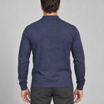 Back view of a model wearing a navy blue long-sleeved collared shirt
