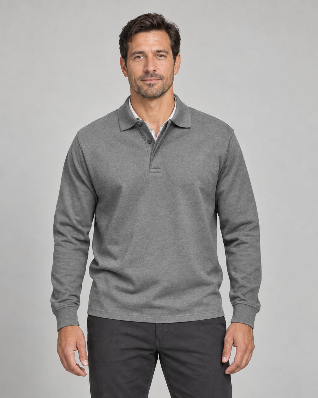 Men's grey long-sleeved polo shirt, shown from the front with a cropped lower-body view