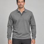 Men's grey long-sleeved polo shirt, shown from the front with a cropped lower-body view