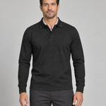 Front cropped view of a man wearing a black long-sleeved polo shirt with a button placket and fitted cuffs.