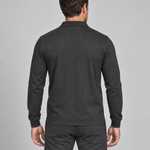 Back view of a model wearing a black long-sleeve collared shirt, shown from head to upper legs.