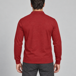Back view of a man wearing a red long-sleeved collared shirt with ribbed cuffs