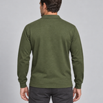 Back crop of a model wearing a military green long-sleeve collared shirt