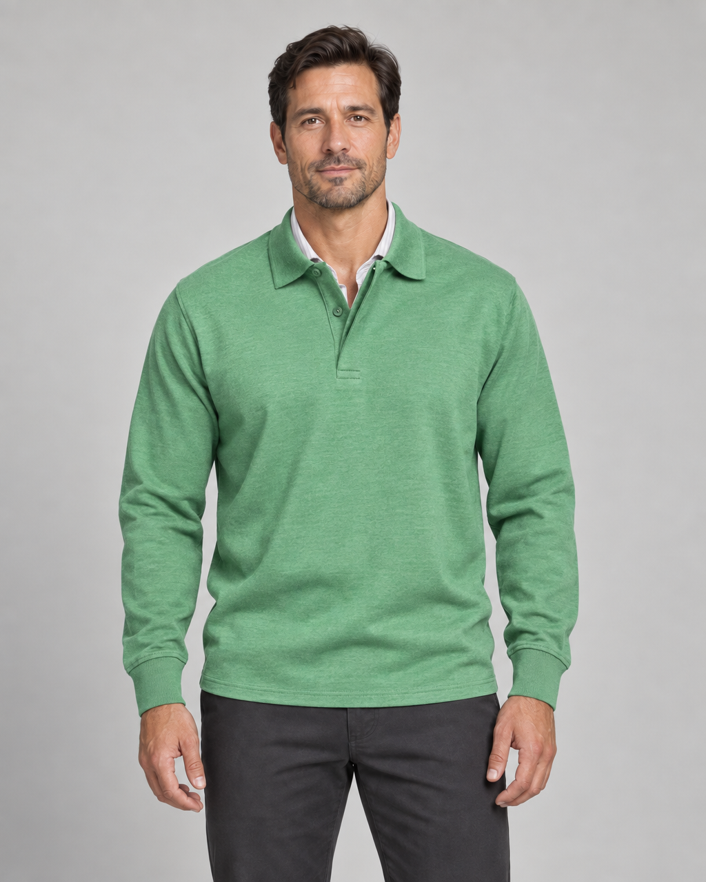 Men's green long-sleeved polo shirt with a two-button placket, front cropped view