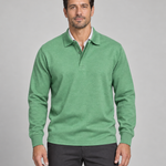 Men's green long-sleeved polo shirt with a two-button placket, front cropped view
