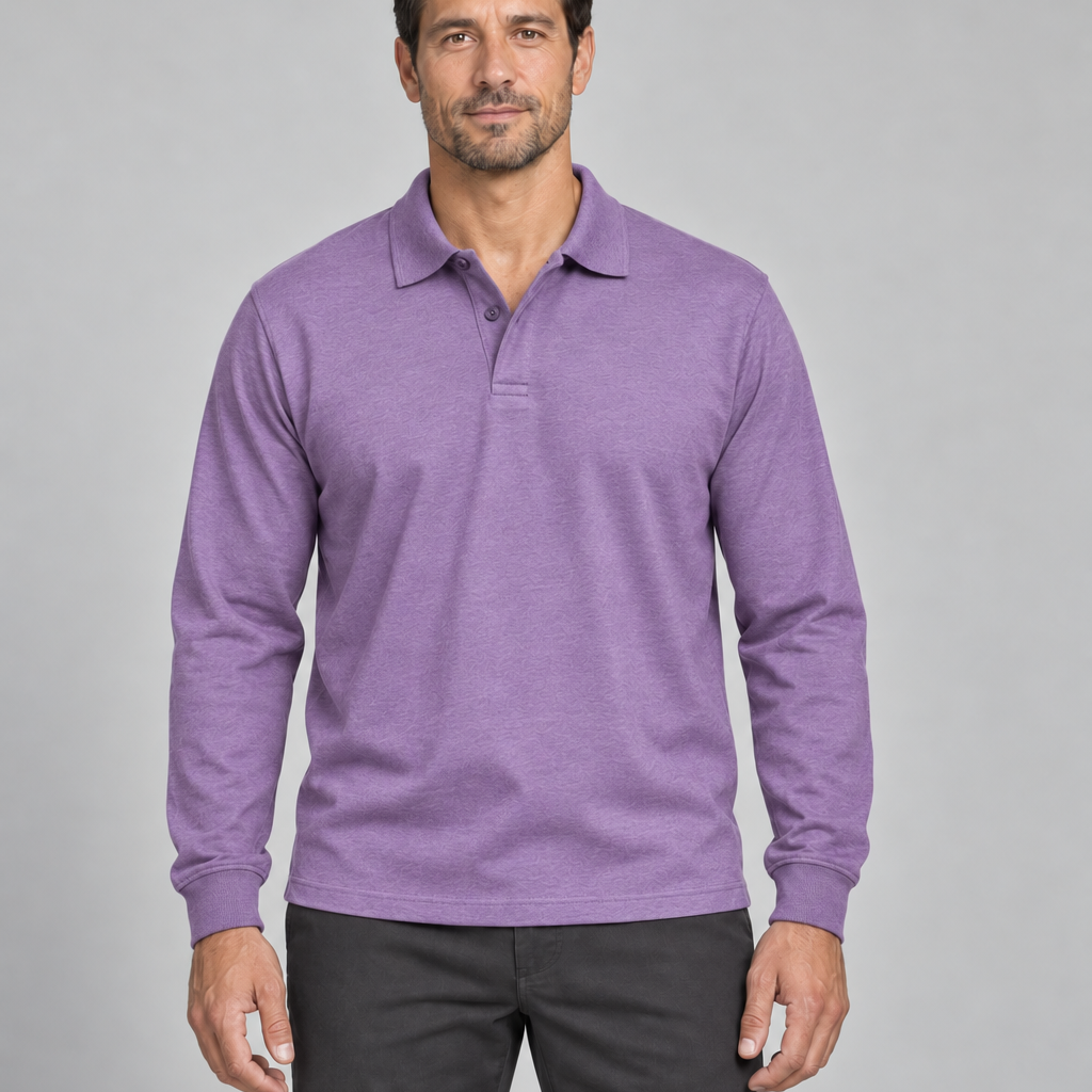 Front cropped view of a violet long-sleeve polo shirt with a two-button placket and ribbed cuffs.