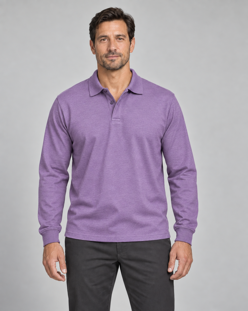 Front cropped view of a violet long-sleeve polo shirt with a two-button placket and ribbed cuffs.
