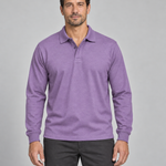 Front cropped view of a violet long-sleeve polo shirt with a two-button placket and ribbed cuffs.