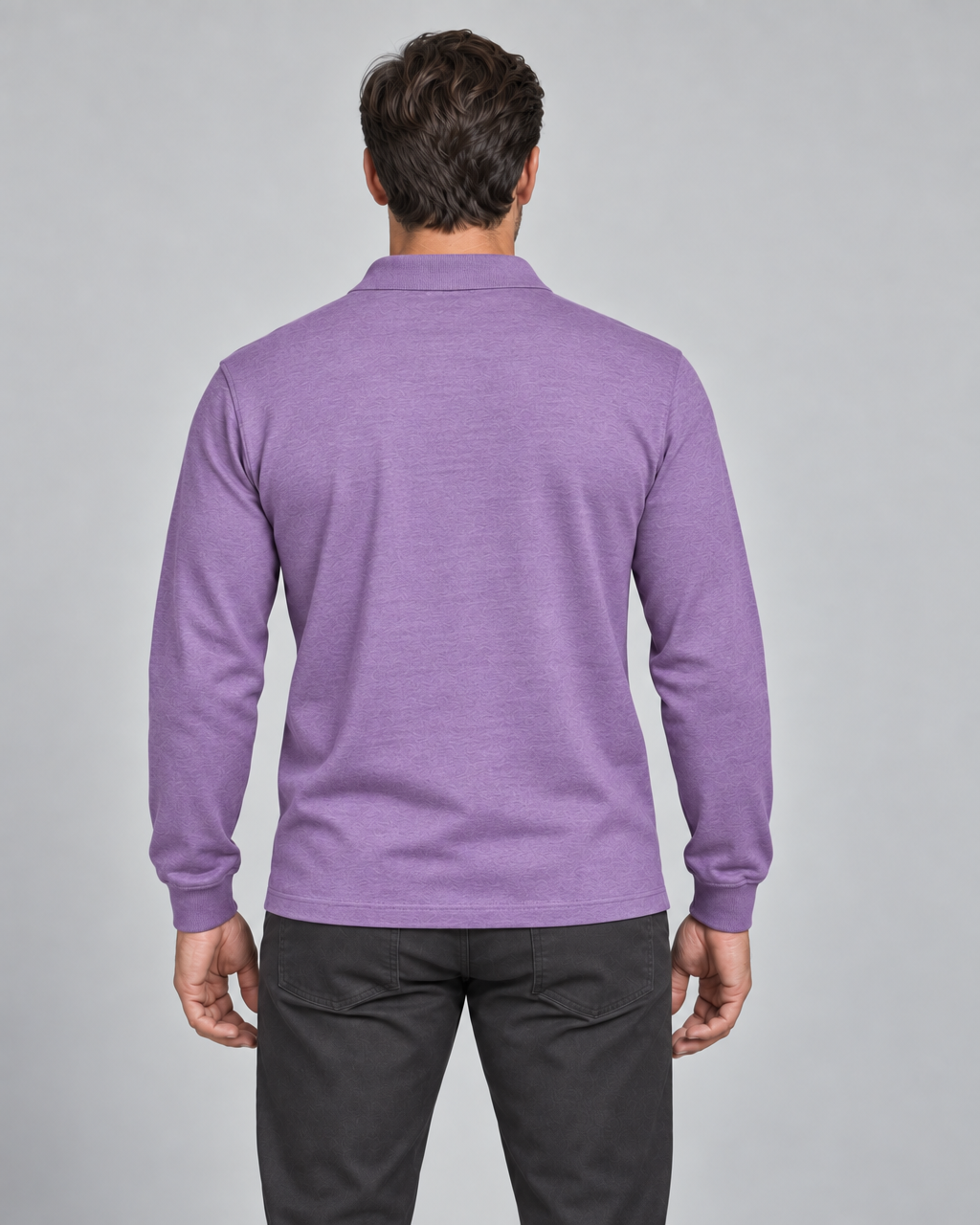Back crop of a violet long-sleeved collared shirt with a subtle tonal pattern