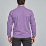 Back crop of a violet long-sleeved collared shirt with a subtle tonal pattern