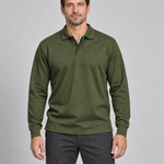 Front cropped view of a man wearing a military green long-sleeve polo shirt with a two-button placket