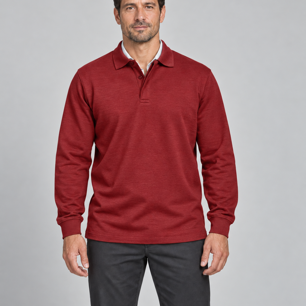 Front cropped view of a model wearing a red long-sleeved polo shirt with a two-button collar.