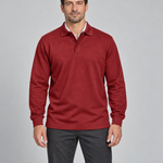 Front cropped view of a model wearing a red long-sleeved polo shirt with a two-button collar.