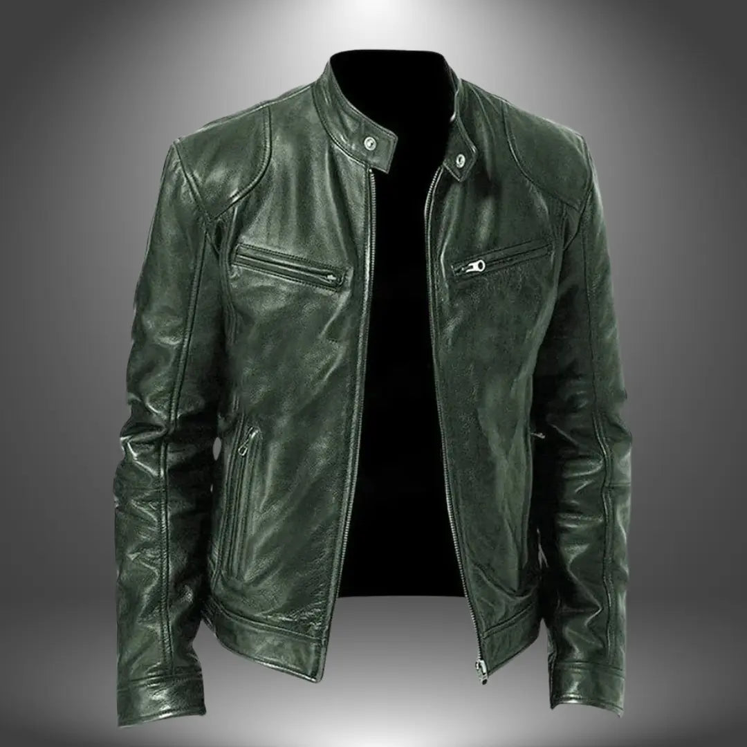 Harrington Oxford | Men’s Leather Biker Jacket – Zip-Up with Stand Collar and Pockets Harrington Oxford
