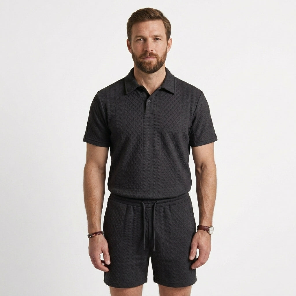 Textured Knit Polo Shirt and Shorts Set For Men