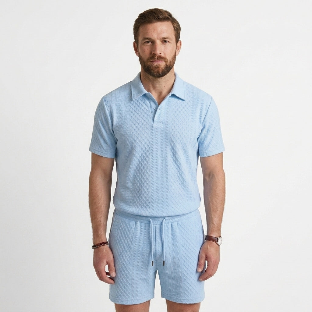 Textured Knit Polo Shirt and Shorts Set For Men