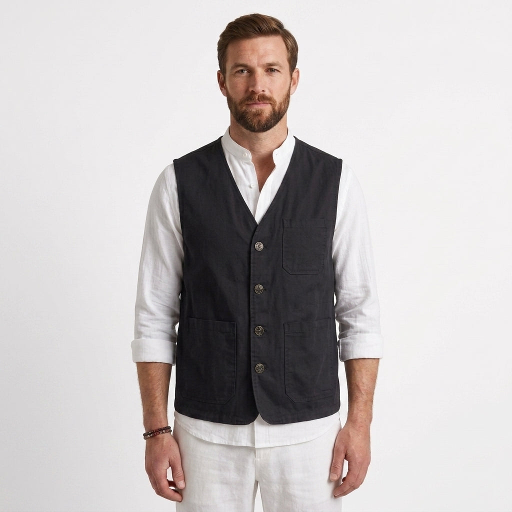 Cotton Button Front Utility Vest For Men