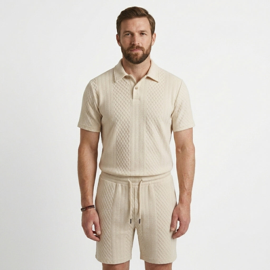 Textured Knit Polo Shirt and Shorts Set For Men