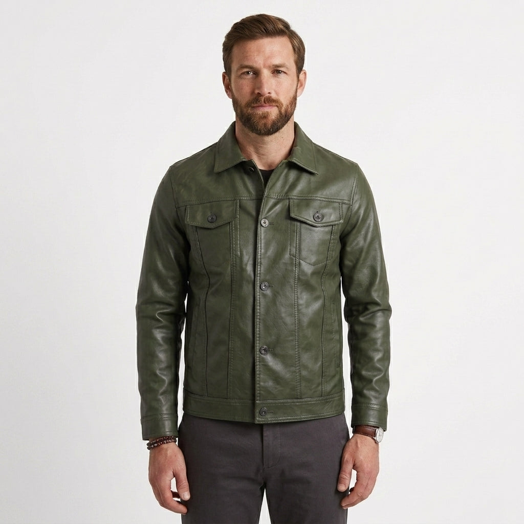 Faux Leather Button Jacket For Men