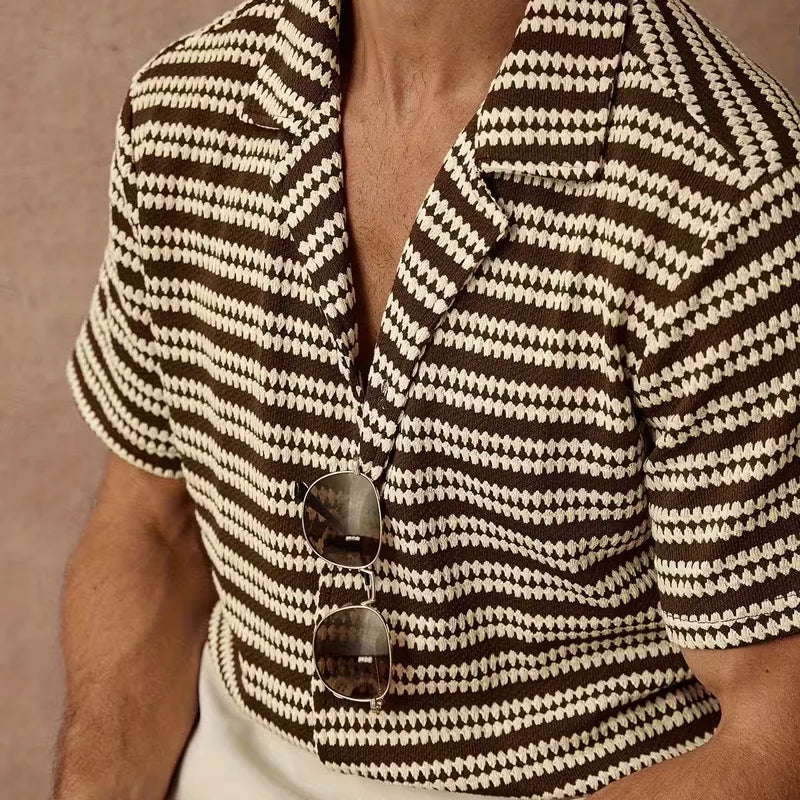 Textured Striped V Neck Shirt Summer Casual Top For Men