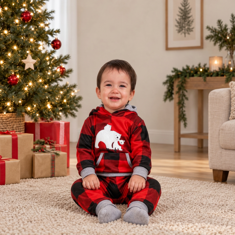 Hooded Plaid Bear Matching Family Christmas Pyjama Set