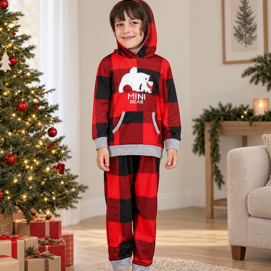 Hooded Plaid Bear Matching Family Christmas Pyjama Set