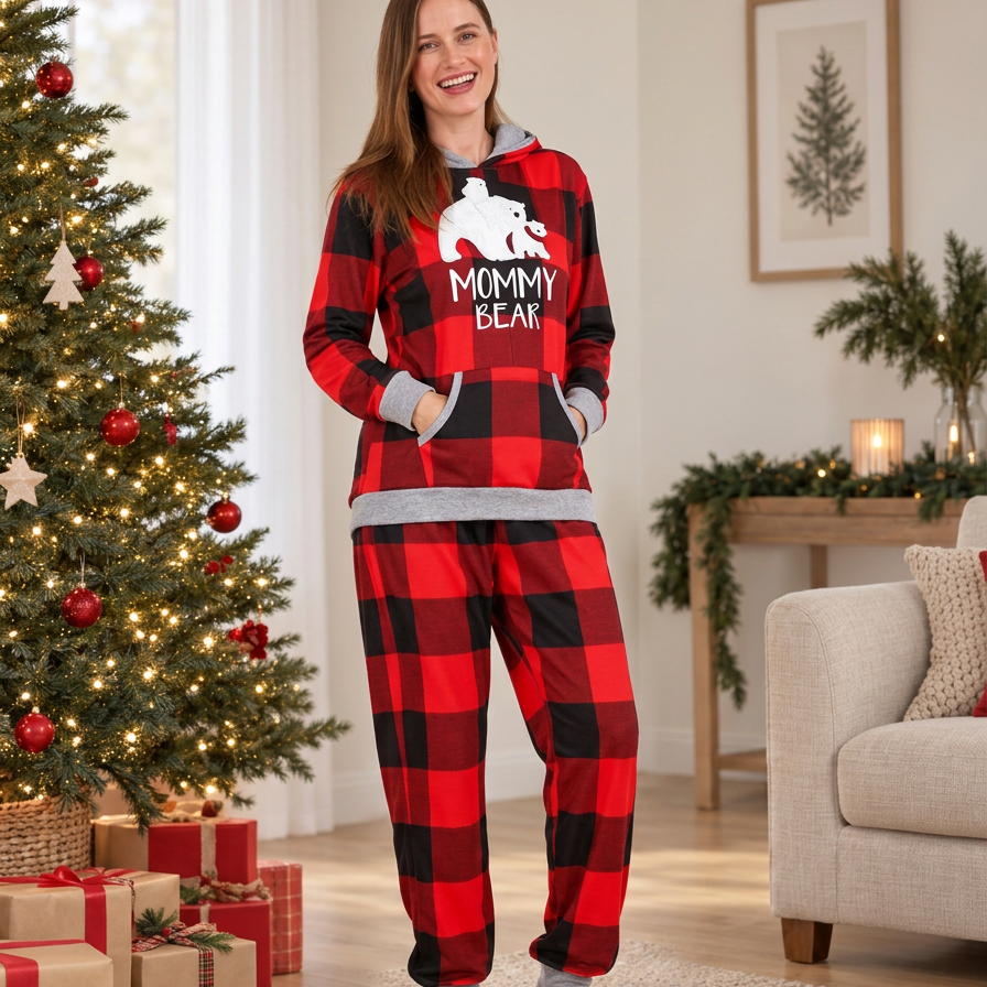 Hooded Plaid Bear Matching Family Christmas Pyjama Set