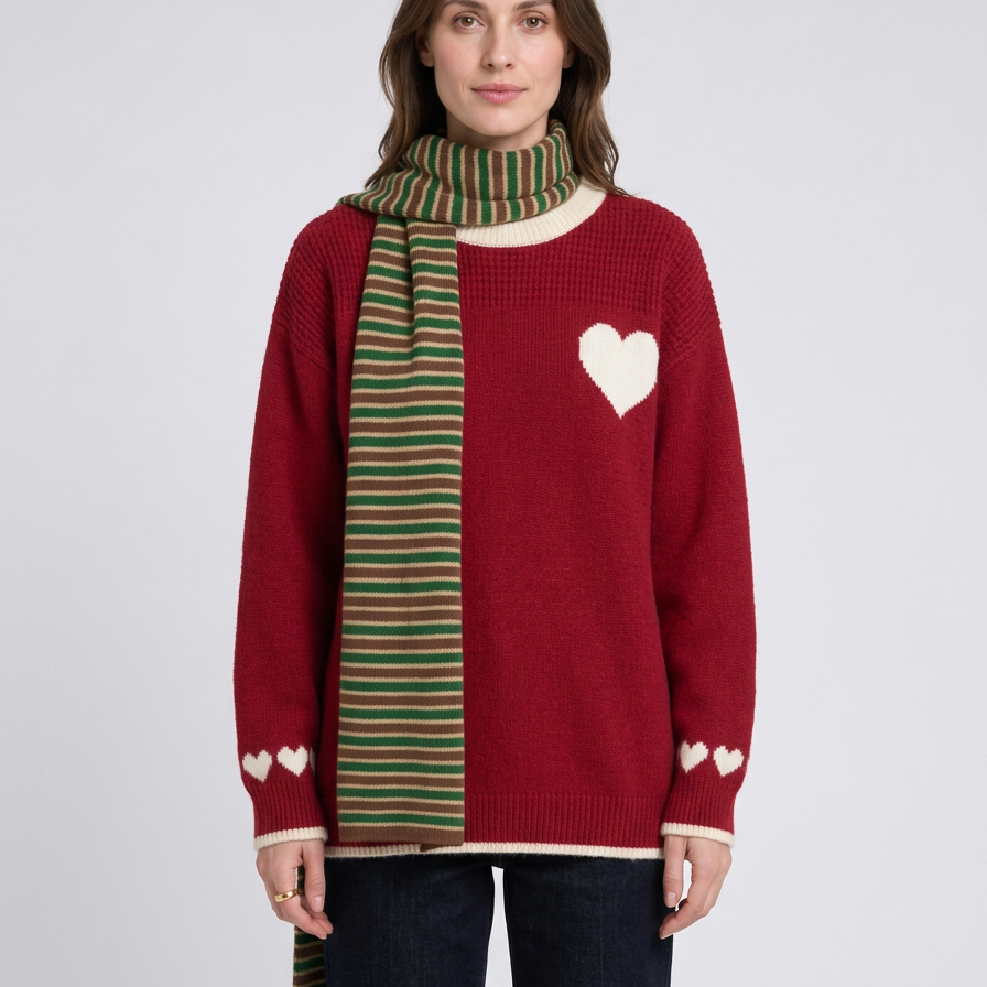 Heart-Print Crew-Neck Christmas Jumper For Women
