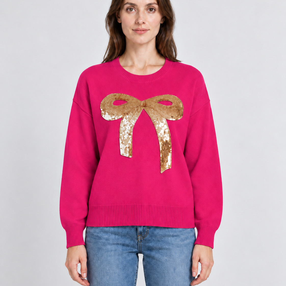 Sequin Bow Christmas Jumper For Women