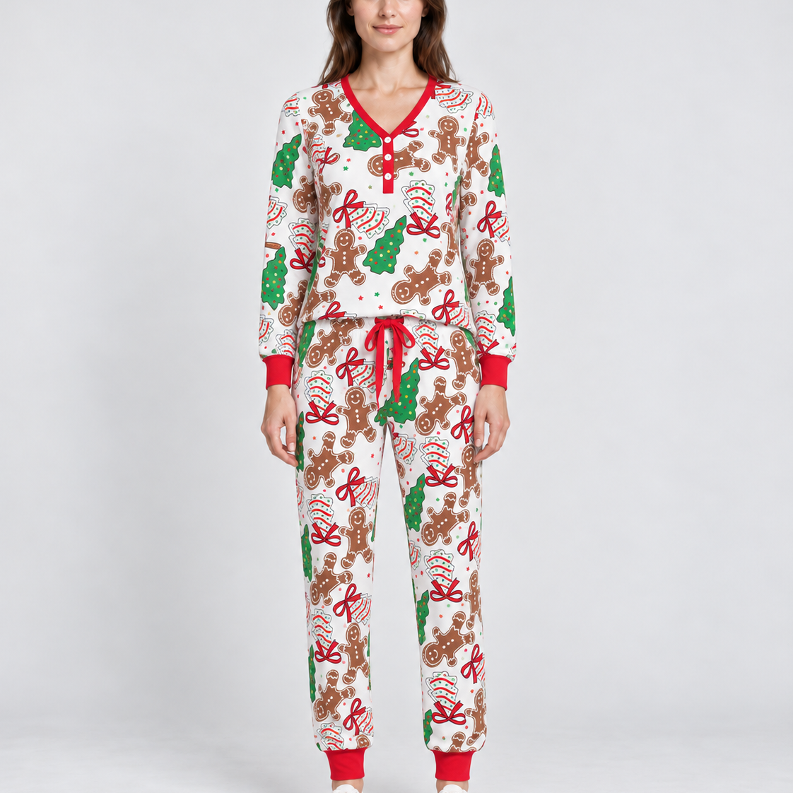 Button V-Neck Christmas Lounge Trousers Set