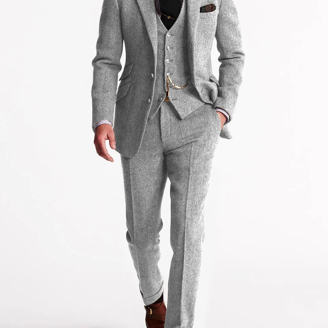 Harrington Oxford | Men formal three-piece suit pocket watch chain tweed