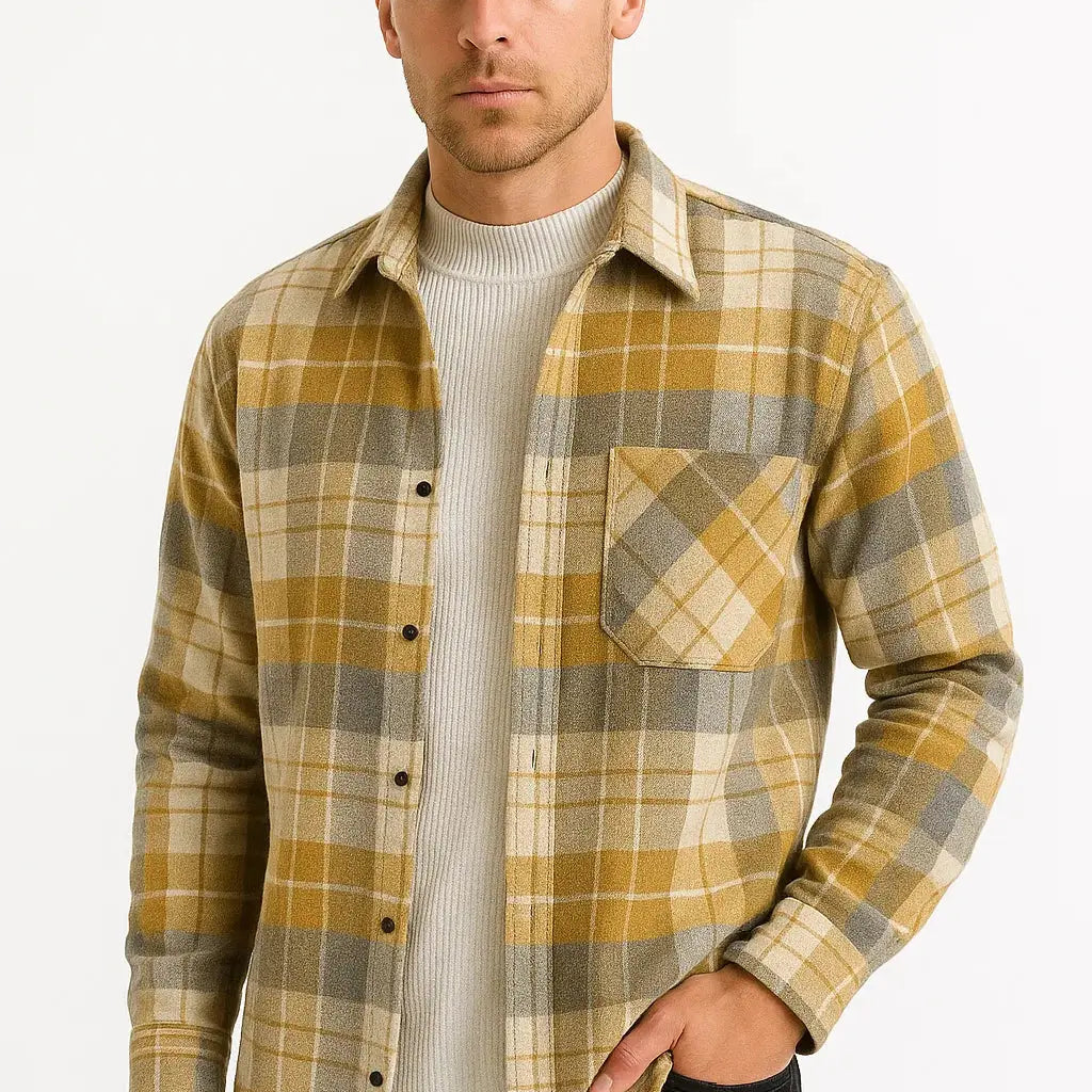 Harrington Oxford | Men's Casual Shirt Cotton-Polyester Blend Long Sleeve Checkered Khaki Harrington Oxford