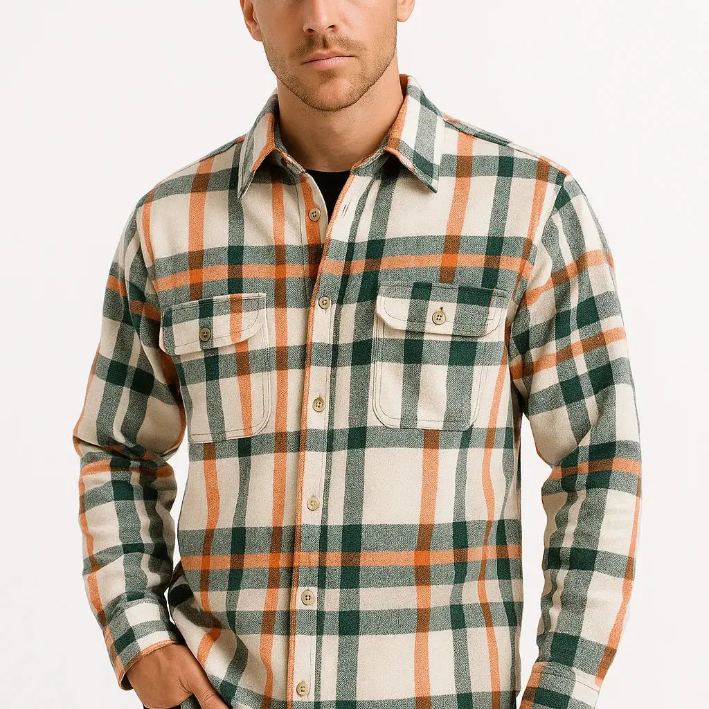 Harrington Oxford | Men's Casual Shirt Cotton-Polyester Blend Long Sleeve Checkered Khaki Harrington Oxford