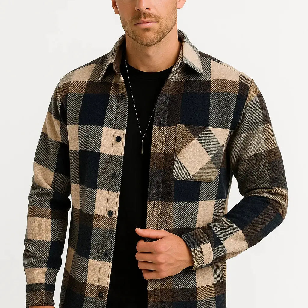 Harrington Oxford | Men's Casual Shirt Cotton-Polyester Blend Long Sleeve Checkered Khaki Harrington Oxford