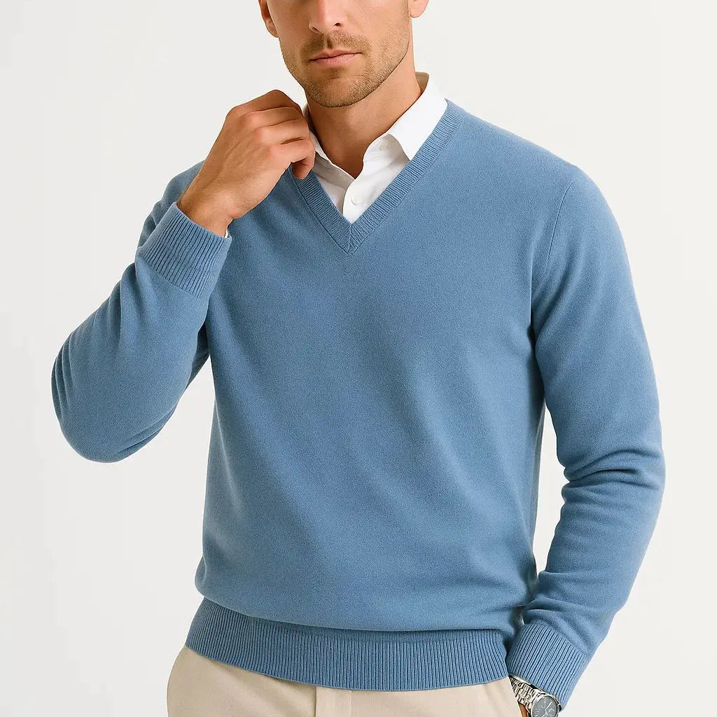 Harrington Oxford | Men's Sweater Wool-Polyester Blend V-Neck Lightweight Harrington Oxford
