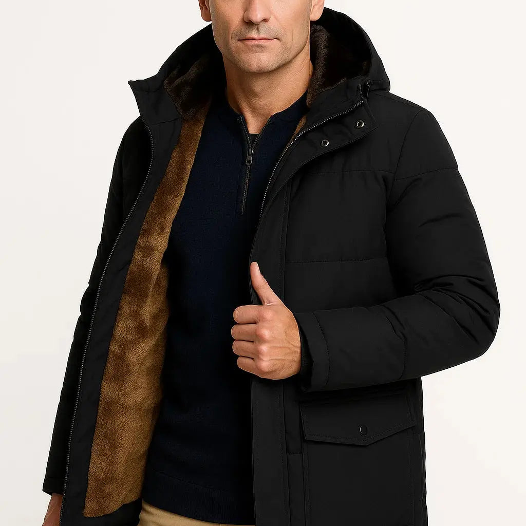 Harrington Oxford | Men's Winter Jacket Black Lambswool Oversized Hooded Thick Padded Jacket Harrington Oxford