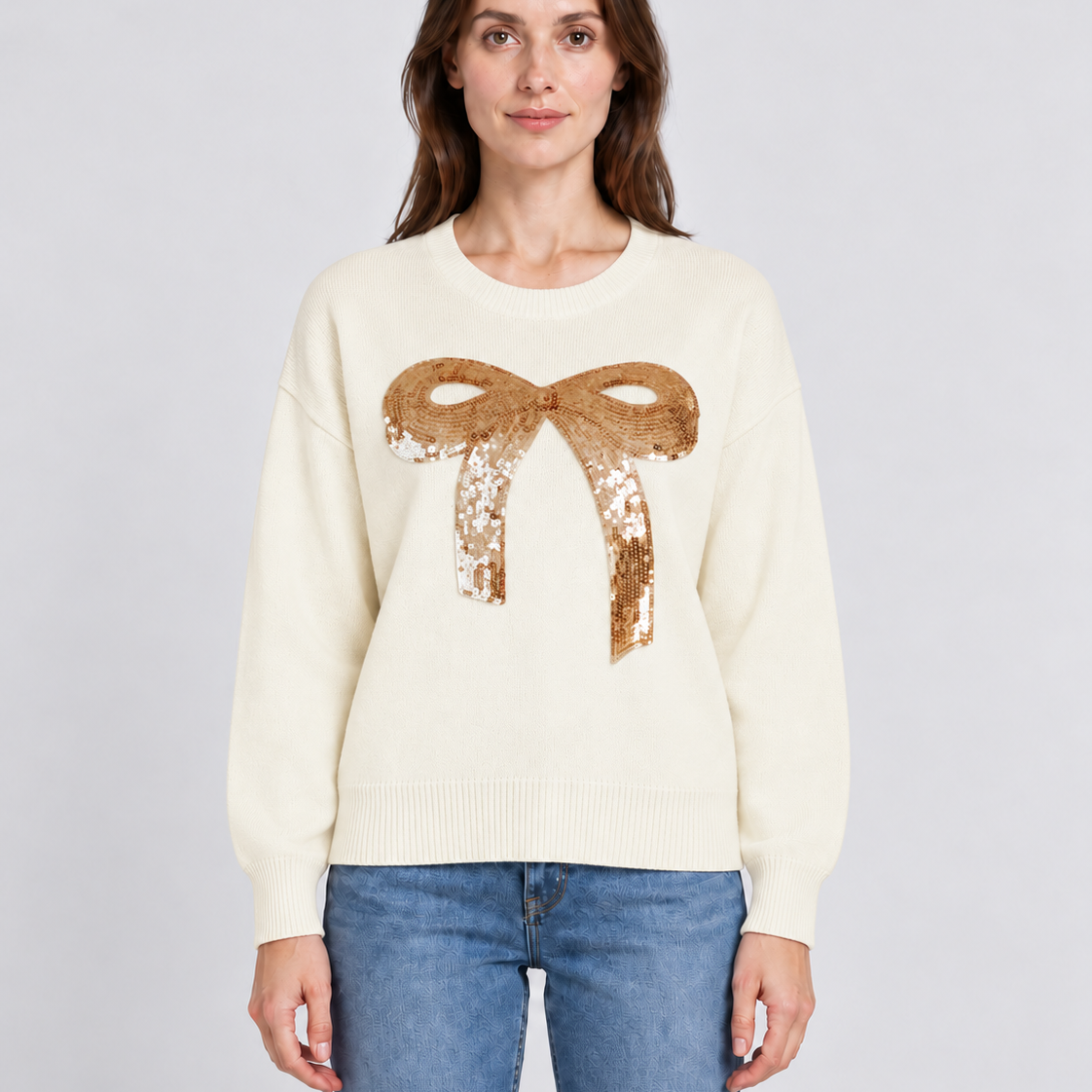 Sequin Bow Christmas Jumper For Women