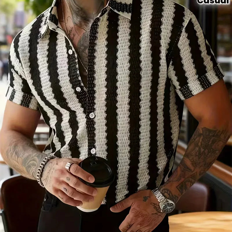 Black White Striped Short Sleeve Summer Shirt For Men